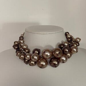 Vintage Chunky Faux Pearl Choker Necklace Tonal Beige Bronze Japan Hook Clasp
